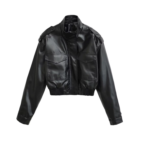 Giacca in Ecopelle da Donna Corta Biker PU Con Colletto in Piedi Tasche Utility Spalline Manica Lunga Capispalla Chic