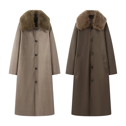 Eleganter Damen Trenchcoat Lang Mit Kunstfellkragen Wendbar Karo Einfarbig Warm Wintermantel Jacke Einreihig Oberbekleidung