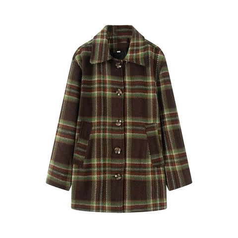 Damen Karierter Wollmantel Oversized Revers Spleißen Langarm Oberbekleidung Einreihige Karo Jacke Mit Taschen Mode Mantel