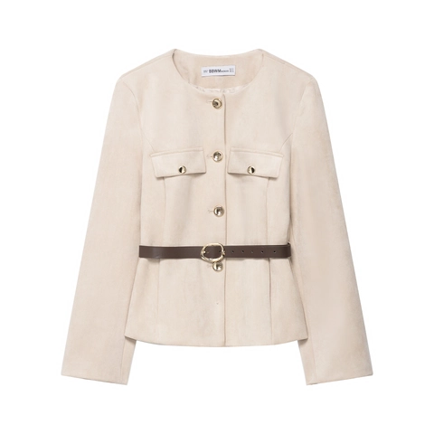 Chaqueta Elegante de Ante para Mujer con Cuello Redondo y Cinturón Blazer de Manga Larga Color Sólido con Botones Dorados