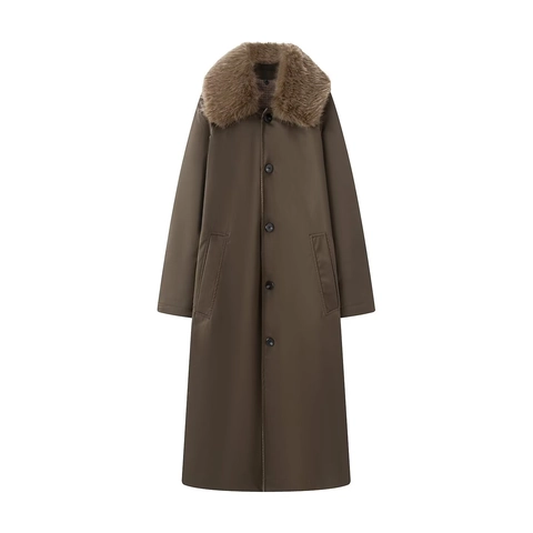 Eleganter Damen Trenchcoat Lang Mit Kunstfellkragen Wendbar Karo Einfarbig Warm Wintermantel Jacke Einreihig Oberbekleidung