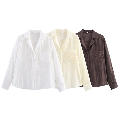 Dames Casual Lange Mouwen Polyester Overhemd Met Geborduurde Zak Revers Knoopsluiting Losse Veelzijdige Blouse Top Dagelijks