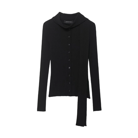 Dames Geribbelde Gebreide Top Lange Mouw Knopen Waterfall Hals Asymmetrische Lintjes Slim Fit Pullover Sweater Streetwear