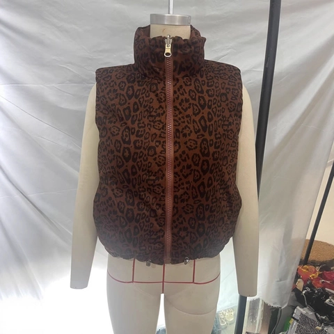 Women Reversible Leopard Print Padded Vest Stand Collar Suede Feel Quilted Sleeveless Jacket Warm Winter Outwear With Pockets
