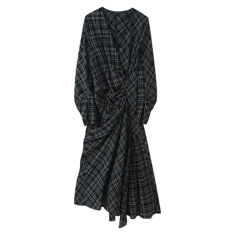 Elegante Midi-jurk met V-hals en Ruitjes voor Dames Lange Mouw Geplooid Geknoopt Asymmetrische Zoom Polyester Jurk