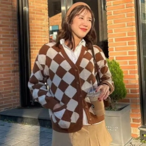 Cardigan in Maglia a Rombi Retrò da Donna con Bottoni a Cuore Maglione a Manica Lunga Giacca Autunnale Vintage