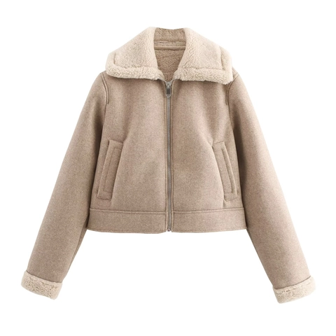Giacca da Donna Casual in Similpelle Scamosciata Foderata in Sherpa Cappotto Corto Caldo Con Tasche a Zip Collo a Risvolto