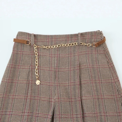 Pantalones de Cintura Alta Pierna Ancha Pata de Gallo Cortos Para Mujer Con Cinturón de Cadena Dorada Vintage Cuadros Casual Otoño