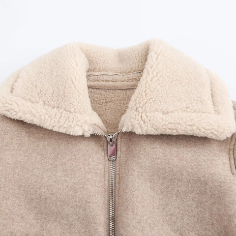 Giacca da Donna Casual in Similpelle Scamosciata Foderata in Sherpa Cappotto Corto Caldo Con Tasche a Zip Collo a Risvolto