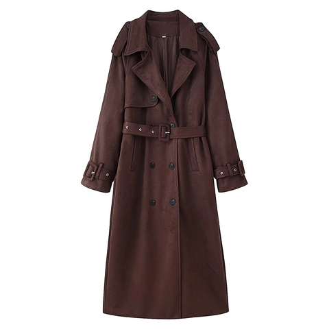 Damen Langer Trenchcoat Wildlederimitat Knöpfe Revers Mit Gürtel Lässige Elegante Modische Oberbekleidung