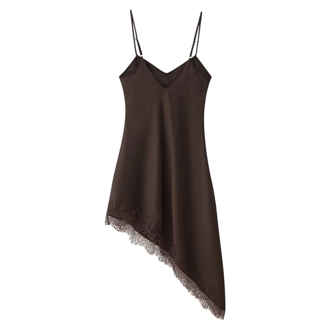 Women's Elegant Satin Slip Dress With Lace Trim V-Neck Asymmetric Hem Adjustable Straps Sexy Coffee Midi Slip Dress Summer Nightwear