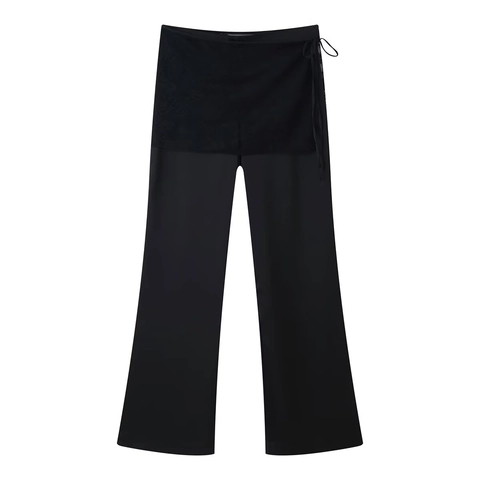 Damen Schwarz Satin Spitze Wickelhose Weites Bein Hohe Taille Gerade Hose Elegant Patchwork Bindegürtel Mode Lange Hose