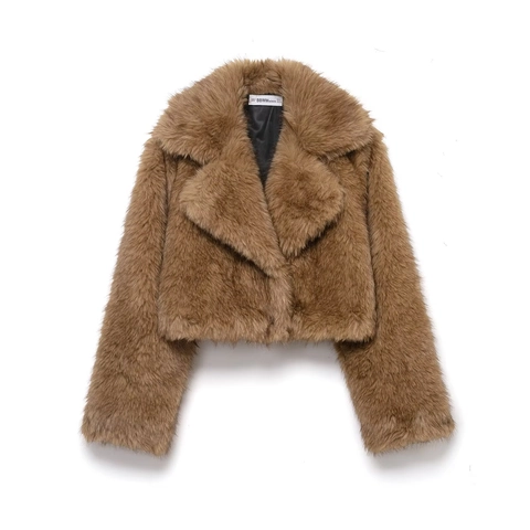 Giacca Corta in Pelliccia Sintetica da Donna con Revers Oversize Marrone Sfumato Cappotto in Peluche Manica Lunga Autunno Inverno