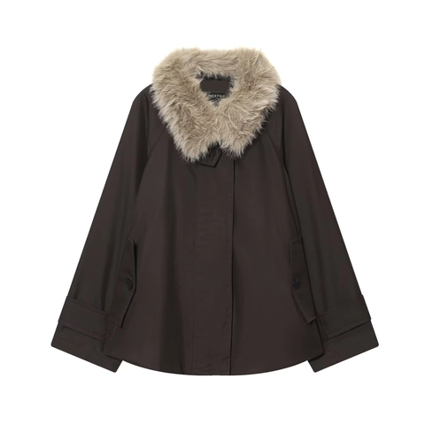 Women Fashion Detachable Fur Collar Waterproof Parka Jacket Loose Fit Long Sleeve Outerwear Top Intellectual Style Casual Coat