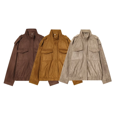 Giacca da Donna in Tessuto Scamosciato con Colletto in Piedi Semplice Casual con Mostrine e Tasche Zip Cappotto Monocromatico