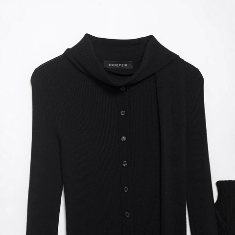 Dames Geribbelde Gebreide Top Lange Mouw Knopen Waterfall Hals Asymmetrische Lintjes Slim Fit Pullover Sweater Streetwear