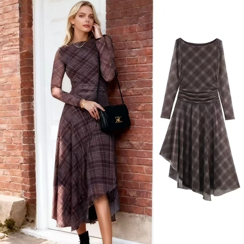 Women Plaid Mesh Long Sleeve Midi Dress Ruched High Waist Irregular Hem Elegant Commuter Western Style Fall Dress