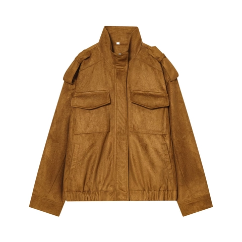 Giacca da Donna in Tessuto Scamosciato con Colletto in Piedi Semplice Casual con Mostrine e Tasche Zip Cappotto Monocromatico