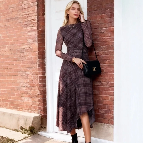 Women Plaid Mesh Long Sleeve Midi Dress Ruched High Waist Irregular Hem Elegant Commuter Western Style Fall Dress