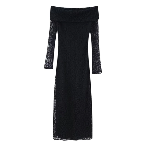 Elegante Dames Midi Jurk van Kant met Blote Schouders Lange Mouwen Bloemen Patroon Slim Fit Party Bodycon Zwart