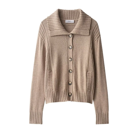 Women Oversized Lapel Knit Cardigan Long Sleeve Button Down Ribbed Trim Solid Color Camel Sweater Coat Jacket