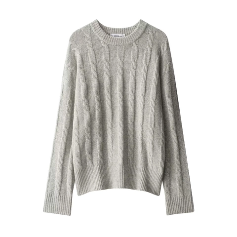 Women Crew Neck Cable Knit Sweater Long Sleeve Drop Shoulder Pullover Solid Color Casual Loose Knitted Jumper Autumn Winter Top Grey