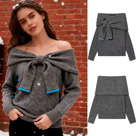 Suéter de Punto con Hombros Descubiertos para Mujer Gran Lazo Decoración Borde Azul en Contraste Manga Larga Gris Pullover Otoño Invierno