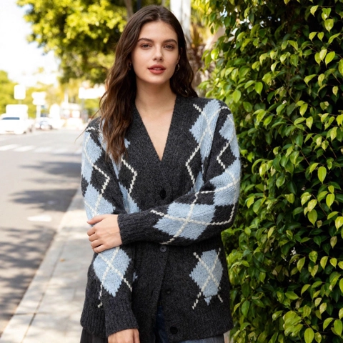 Cárdigan de Punto Argyle Vintage para Mujer Cuello en V Botones Manga Larga Suéter Casual Holgado Ropa de Abrigo Suave
