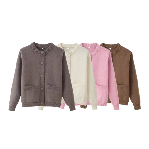 Dames Casual Ronde Hals Effen Kleur Gebreid Vest Met Zakken Lange Mouw Zachte Trui Jas Voor Herfst Mode