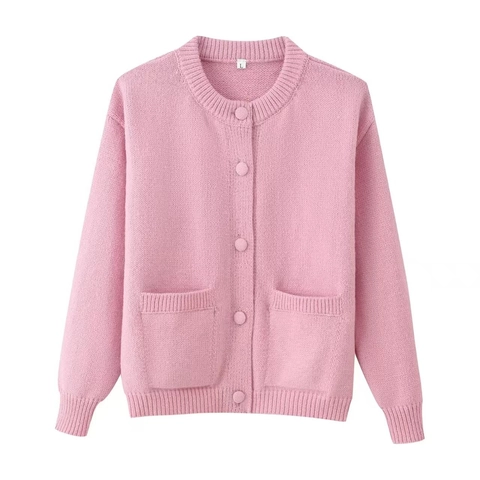 Dames Casual Ronde Hals Effen Kleur Gebreid Vest Met Zakken Lange Mouw Zachte Trui Jas Voor Herfst Mode