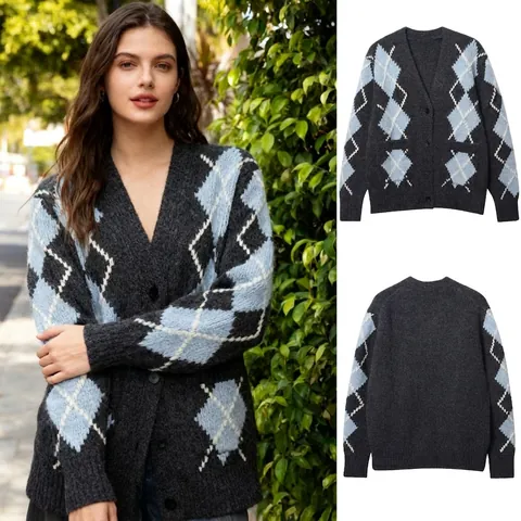 Cárdigan de Punto Argyle Vintage para Mujer Oversize Cuello en V con Botones Manga Larga Gris Suéter con Bolsillos Casual de Punto