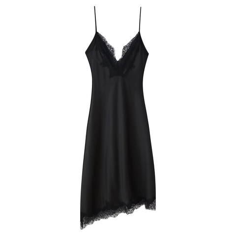 Dames Elegante Zwarte Satijnen Slipjurk Kant V-Hals Spaghettibandjes Asymmetrische Zoom Mouwloos Midi Partyjurk