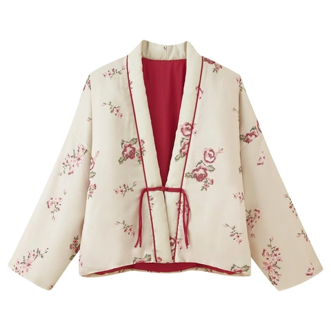 Damen Kimono Stil Wattierte Jacke Polyester Baumwollmischung Blumenmuster Rote Paspelierung Retro Orientalischer Gesteppter Mantel