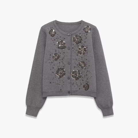 Dames Elegant Gebreid Vest Lange Mouw Ronde Hals Grijs Handgekraald Pailletten Bloem Single Breasted Trui Top