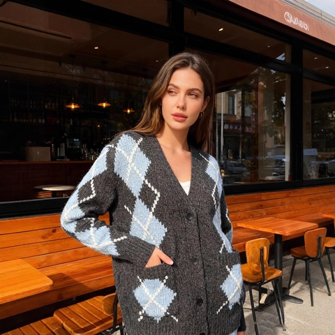 Women Vintage Argyle Knit Cardigan V Neck Button Down Long Sleeve Sweater Casual Loose Outerwear Soft Warm Geometric Top