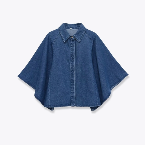 Women Casual Solid Blue Denim Style Cape Shirt Poncho Loose Batwing Sleeve Blouse Lapel Button Up Top Fashion Clothing