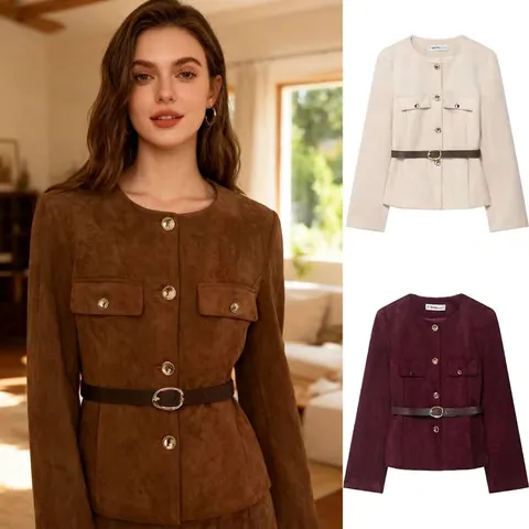 Dames Elegante Imitatiesuède Korte Jas Ronde Hals Lange Mouwen Metalen Knopen Bovenkleding Met Riem Vintage Effen Kleur Mantel