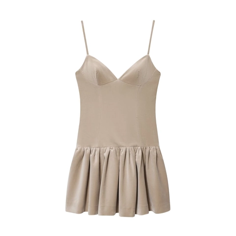 Vestido Mini Elegante de Terciopelo con Tirantes Finos Sexy Cuello en V Dobladillo con Volantes Color Sólido Caqui Vestido de Fiesta