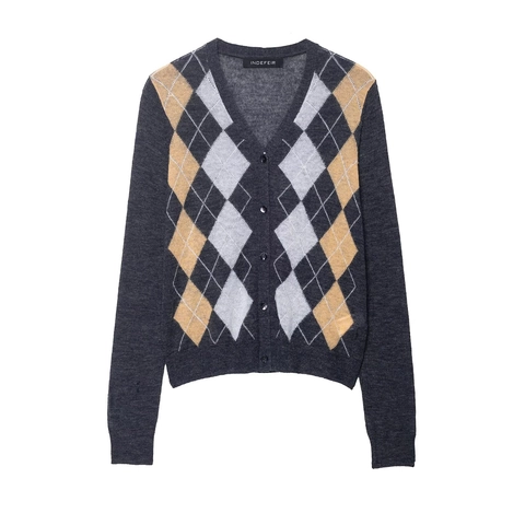 Women Vintage Argyle Knitted Cardigan V Neck Button Up Long Sleeve Deep Grey Plaid Sweater Casual Fall Winter Streetwear Top