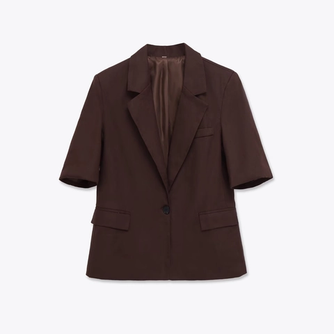Blazer Élégant à Manches Courtes pour Femmes Col à Revers Simple Boutonnage Veste de Costume Café Bureau