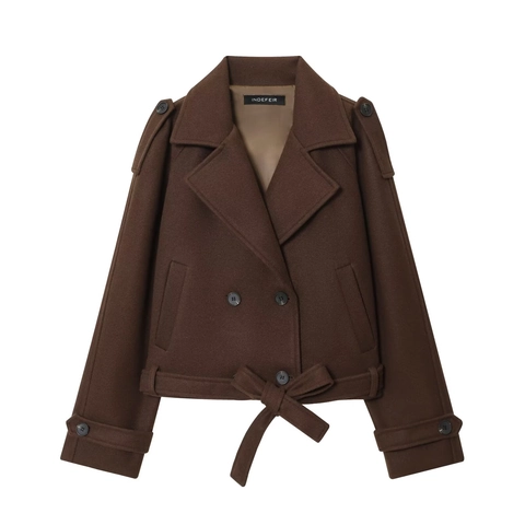 Dames Casual Korte Wollen Jas Bruin Double Breasted Met Gestreepte Boog Reverskraag Lange Mouw Epauletten Herfst Winter Bovenkleding