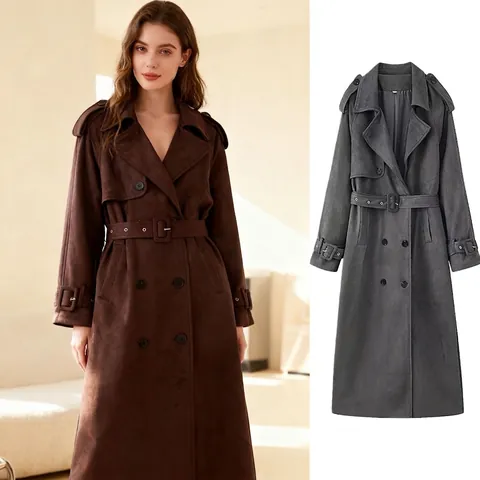 Dames Elegante Lange Trenchcoat Suede-look Jas Met Riem Double-breasted Pak Kraag Effen Kleur Kantoor Dames Jas