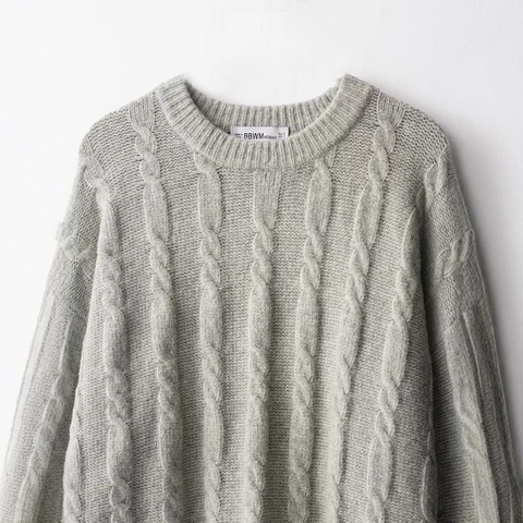 Women Crew Neck Cable Knit Sweater Long Sleeve Drop Shoulder Pullover Solid Color Casual Loose Knitted Jumper Autumn Winter Top Grey