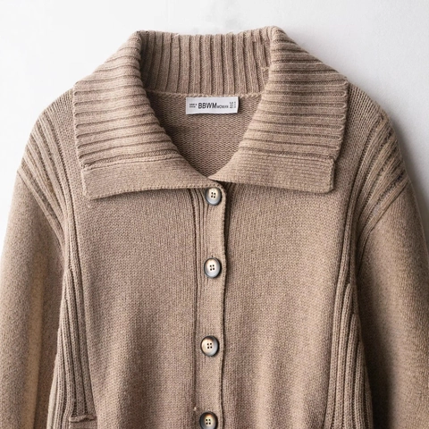 Women Oversized Lapel Knit Cardigan Long Sleeve Button Down Ribbed Trim Solid Color Camel Sweater Coat Jacket