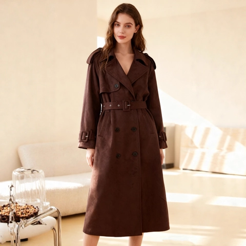Dames Elegante Lange Trenchcoat Suede-look Jas Met Riem Double-breasted Pak Kraag Effen Kleur Kantoor Dames Jas