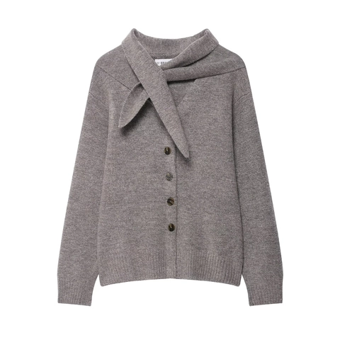 Women's Casual Knit Cardigan Sweater with Scarf Tie Collar Button Down Long Sleeve Loose Fit Solid Gray Knitwear Jacket
