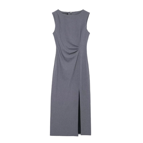 Elegante Vestido Midi Sin Mangas Para Mujer Mezcla Poliéster Abertura Lateral Cintura Plisada Cuello Redondo Ajuste Estrecho