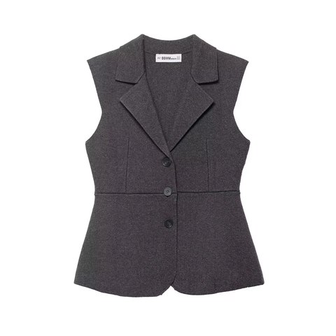 Women European Style V Neck Slim Fit Knitted Vest Sleeveless Button Down Peplum Waistcoat Solid Color Autumn Streetwear Top