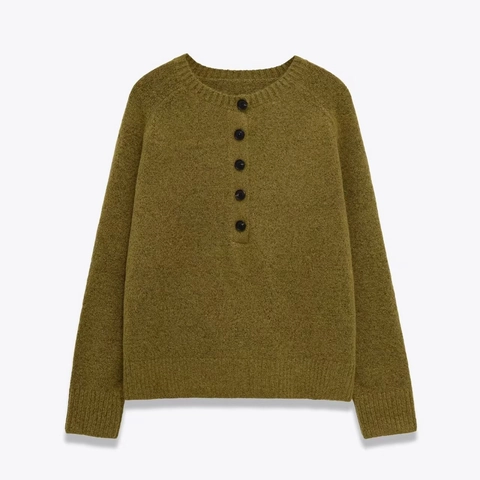 Damen Lockerer Strickpullover Langarm Henley Rundhalsausschnitt Knopf Vorne Raglanärmel Rippstrick Einfarbig Casual Pullover