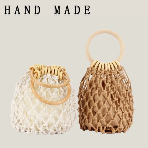 Handgemachte Gewebte Handtasche Baumwollseil Netz Eimer Tasche Für Strandurlaub Einfarbig Mini Tote